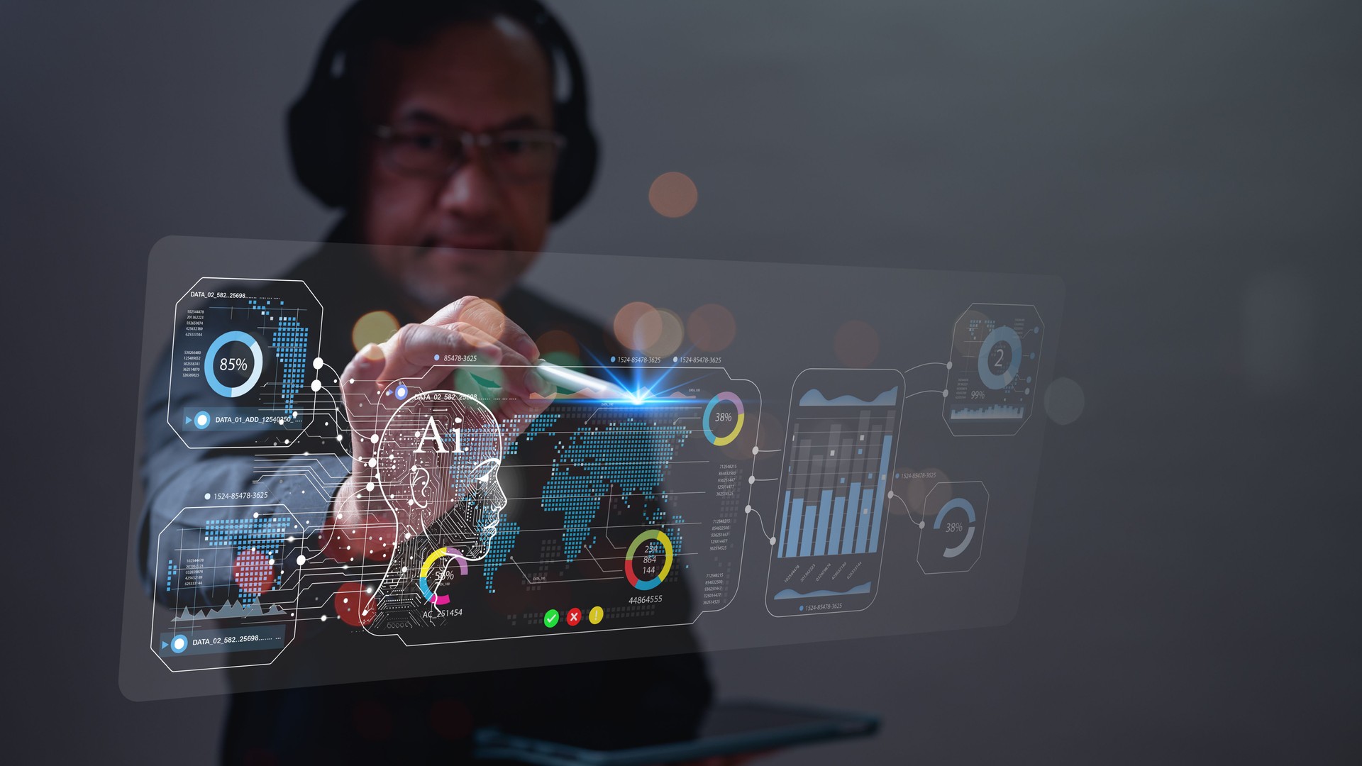 Asia newspaperman conducts an analysis on AI-driven marketing strategies, interpreting graphs on a virtual display, highlighting business innovation and forecasting trends for the future.